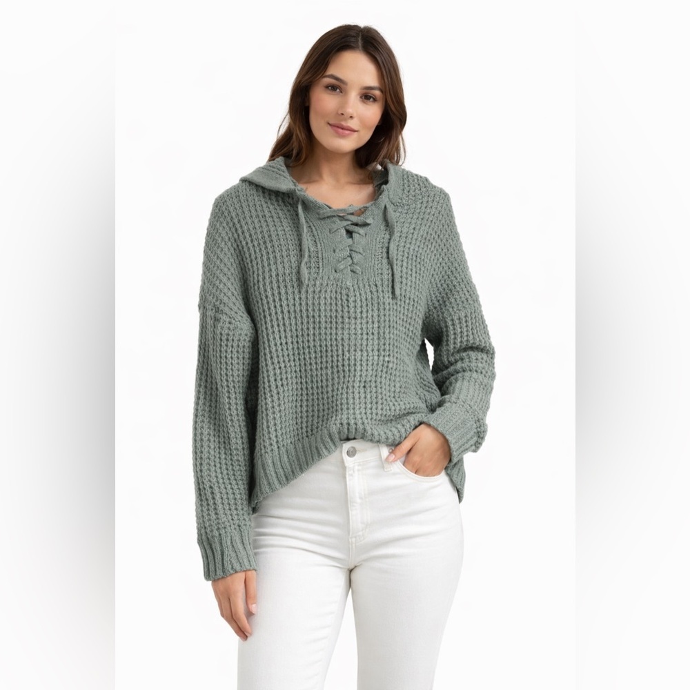 Oak + Meadow Sage Green Waffle Knit Lace-Up Hooded Sweater Women’s Small Cozy